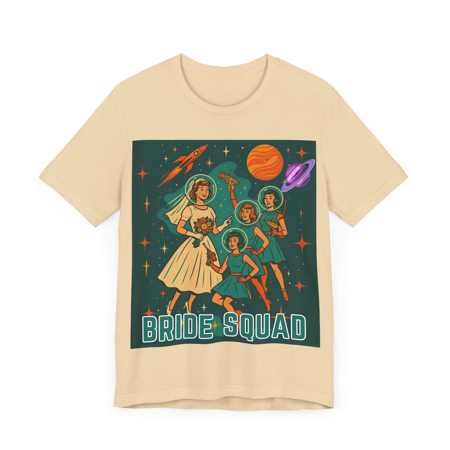 Retro Space Bride Squad Shirt – 1960s Sci-Fi Bachelorette Tee, Vintage Bridal Party T-Shirt, Outer Space Wedding Gift, Galaxy Bride Crew Outfit