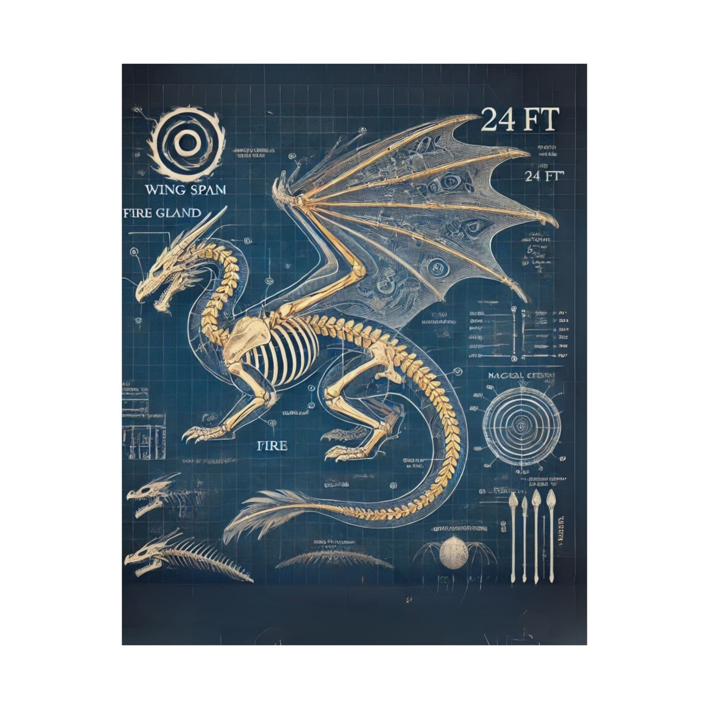 Dragon Blueprint Wall Art, Fire-Breathing Fantasy Anatomy Poster, Mythical Creature Skeleton Print, Gothic Steampunk, Gamers, Collectors