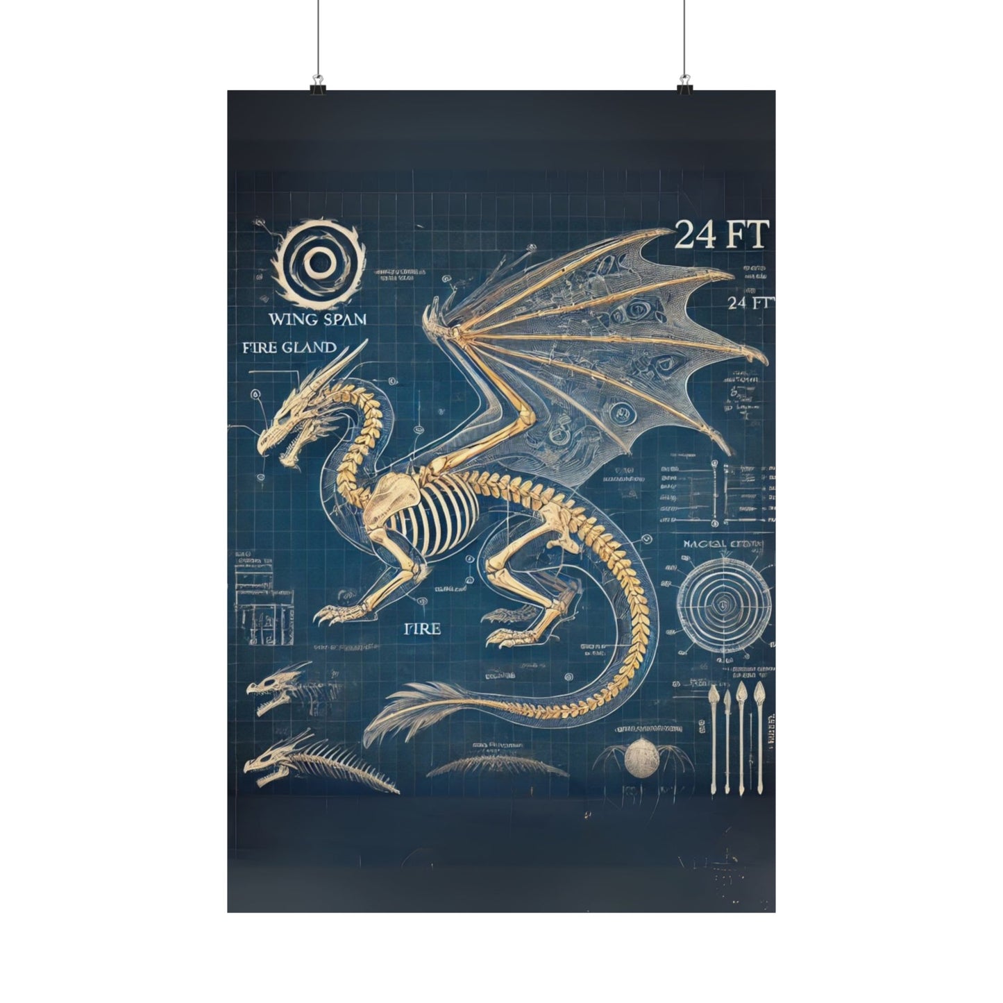 Dragon Blueprint Wall Art, Fire-Breathing Fantasy Anatomy Poster, Mythical Creature Skeleton Print, Gothic Steampunk, Gamers, Collectors