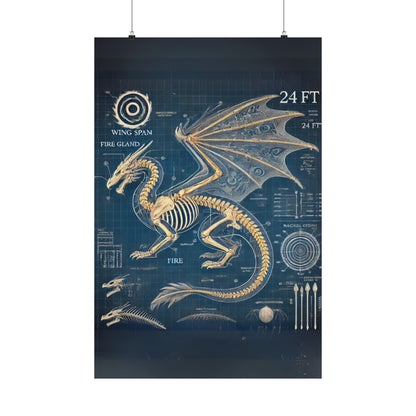 Dragon Blueprint Wall Art, Fire-Breathing Fantasy Anatomy Poster, Mythical Creature Skeleton Print, Gothic Steampunk, Gamers, Collectors