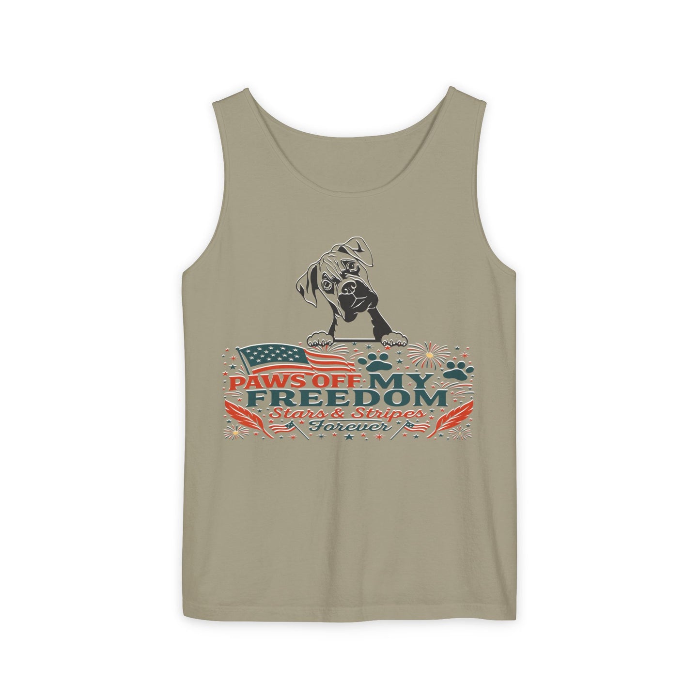 Paws Off My Freedom Tank Top, Patriotic Unisex Comfort Colors 4th of July Shirt, Stars & Stripes Summer, USA Tee, Patriotic Dog Lover, Summer Apparel, Fourth of July Shirt, Gift for Dog Owners, Animal Lover Clothing