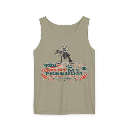Paws Off My Freedom Tank Top, Patriotic Unisex Comfort Colors 4th of July Shirt, Stars & Stripes Summer, USA Tee, Patriotic Dog Lover, Summer Apparel, Fourth of July Shirt, Gift for Dog Owners, Animal Lover Clothing