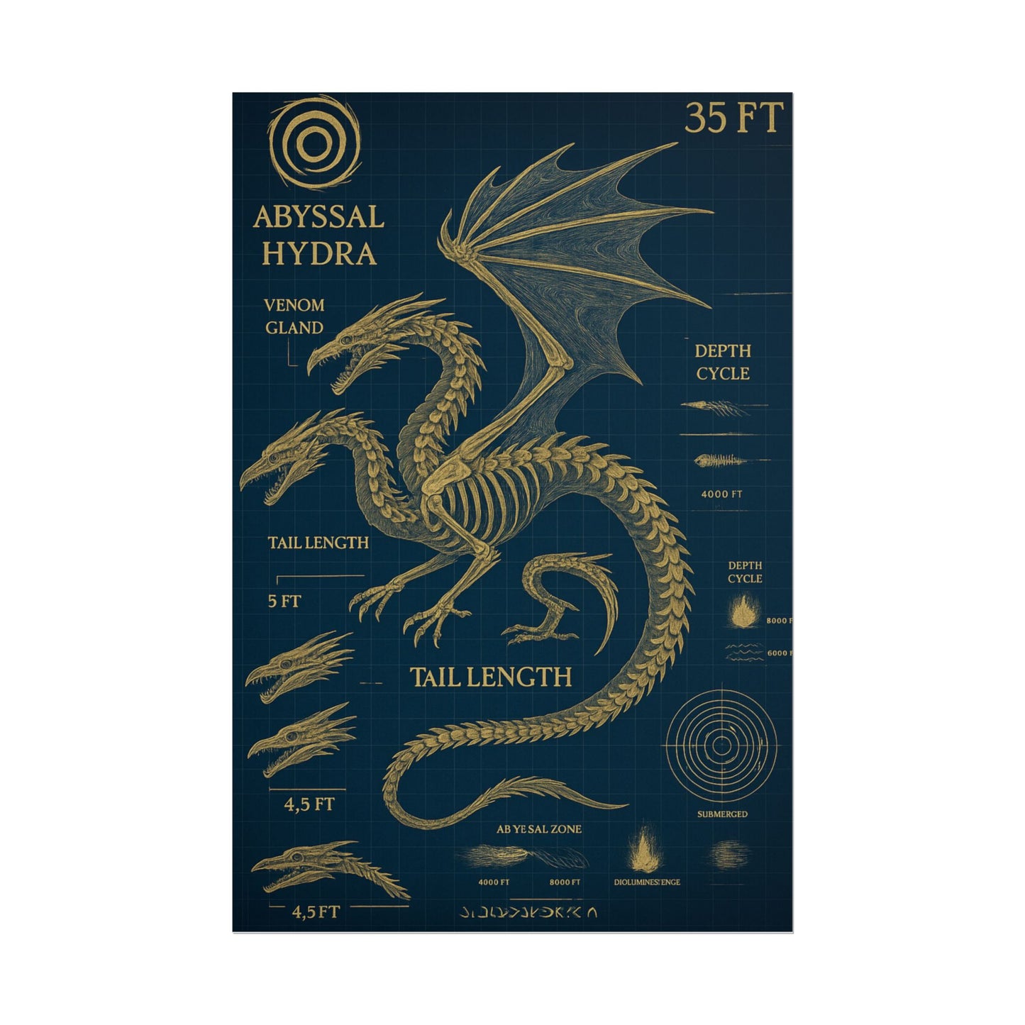 Abyssal Hydra Blueprint Wall Art, Mythical Dragon Anatomy Poster, Fantasy Sea Creature Decor, Steampunk Deep Sea Illustration, Gothic Nerd