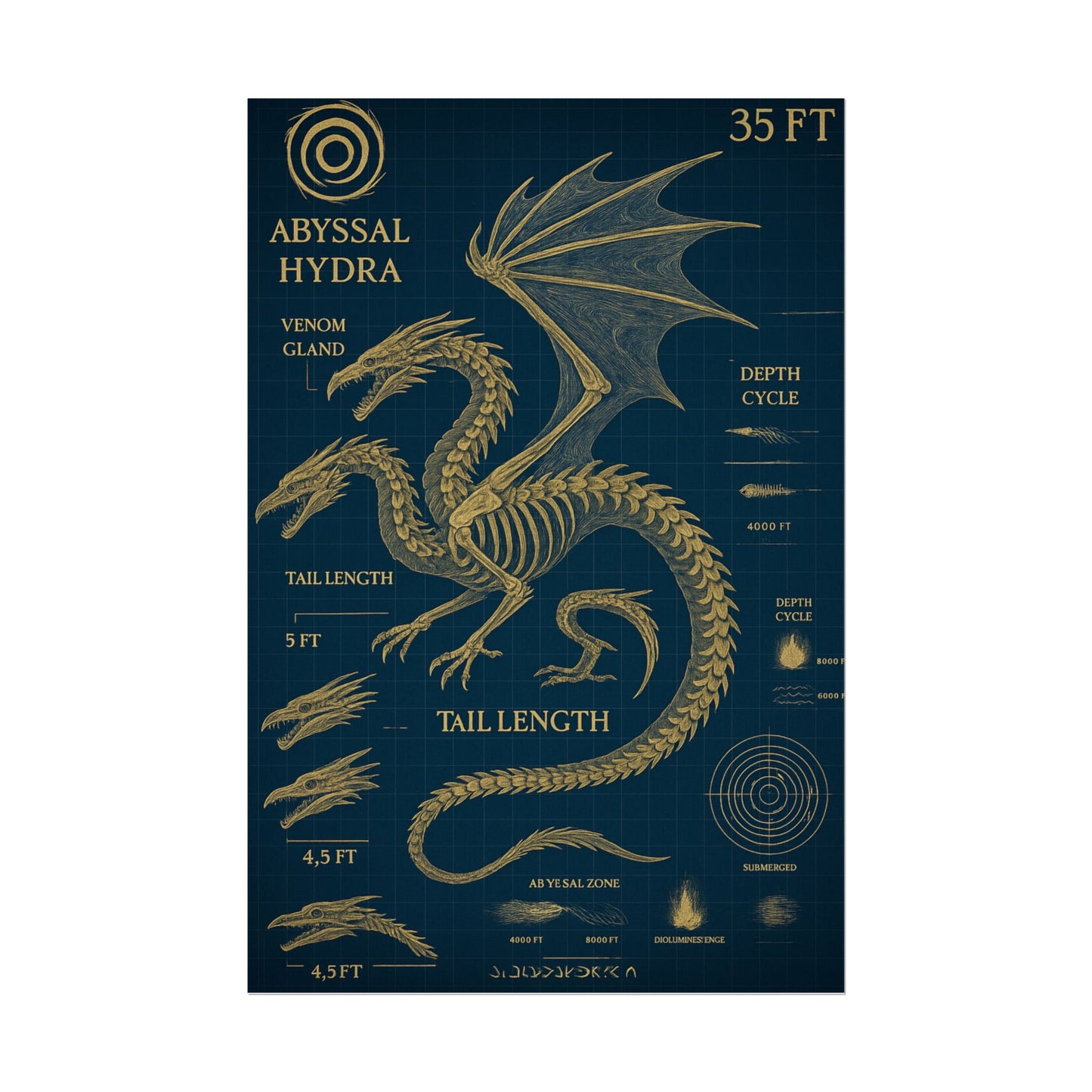 Abyssal Hydra Blueprint Wall Art, Mythical Dragon Anatomy Poster, Fantasy Sea Creature Decor, Steampunk Deep Sea Illustration, Gothic Nerd