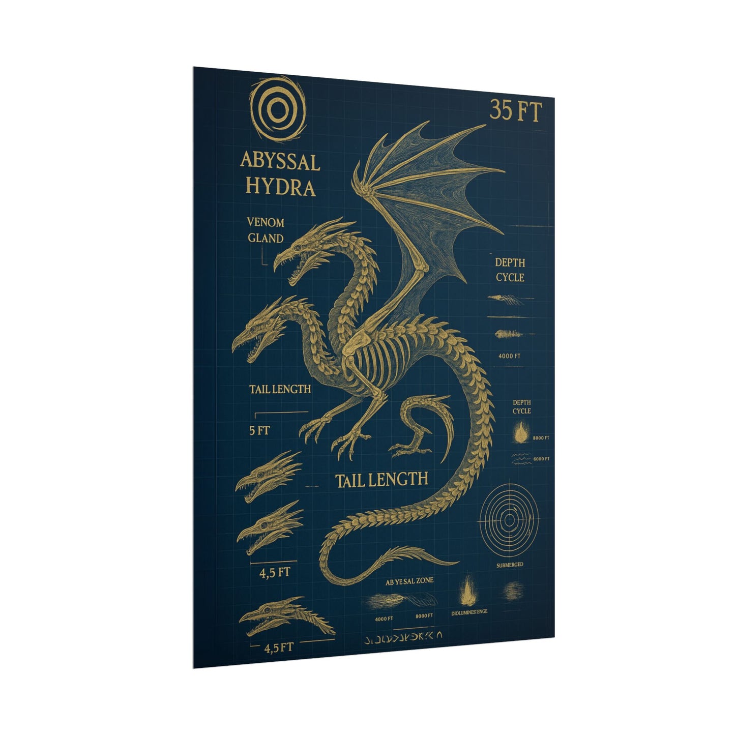 Abyssal Hydra Blueprint Wall Art, Mythical Dragon Anatomy Poster, Fantasy Sea Creature Decor, Steampunk Deep Sea Illustration, Gothic Nerd