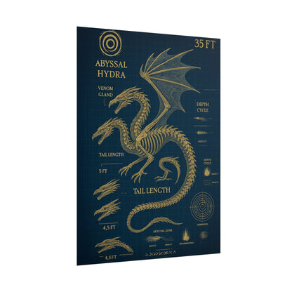 Abyssal Hydra Blueprint Wall Art, Mythical Dragon Anatomy Poster, Fantasy Sea Creature Decor, Steampunk Deep Sea Illustration, Gothic Nerd