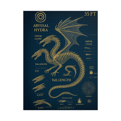Abyssal Hydra Blueprint Wall Art, Mythical Dragon Anatomy Poster, Fantasy Sea Creature Decor, Steampunk Deep Sea Illustration, Gothic Nerd