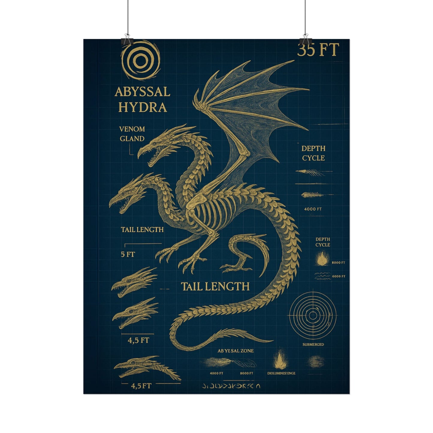 Abyssal Hydra Blueprint Wall Art, Mythical Dragon Anatomy Poster, Fantasy Sea Creature Decor, Steampunk Deep Sea Illustration, Gothic Nerd