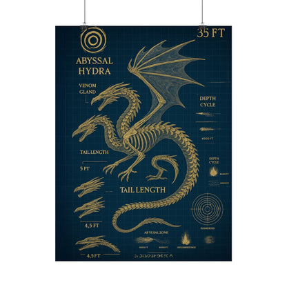 Abyssal Hydra Blueprint Wall Art, Mythical Dragon Anatomy Poster, Fantasy Sea Creature Decor, Steampunk Deep Sea Illustration, Gothic Nerd