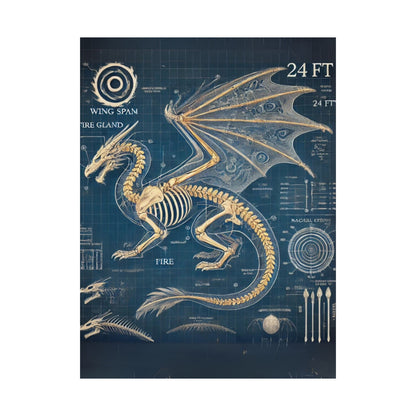 Dragon Blueprint Wall Art, Fire-Breathing Fantasy Anatomy Poster, Mythical Creature Skeleton Print, Gothic Steampunk, Gamers, Collectors