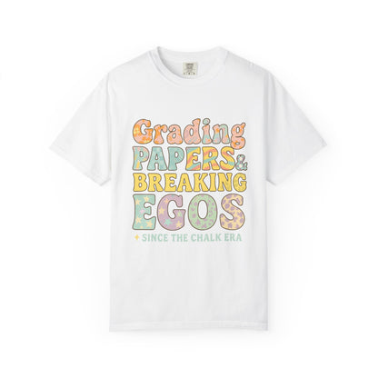 Grading Papers & Breaking Egos T-Shirt – Earthy Retro Teacher Shirt – Leopard Print, Stars, Chalk Era Quote – Trendy Teacher Gift