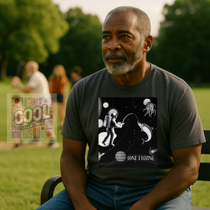 Surreal astronaut fishing in space graphic tee – cosmic fantasy shirt for sci-fi lovers and dreamy alt style
