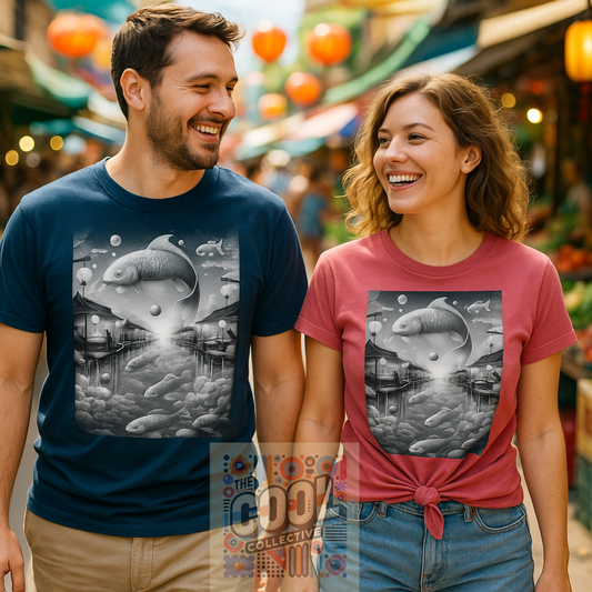 Surreal fantasy koi fish streetwear tee design

