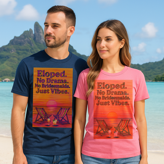 His and Hers personalized elopement T-shirts with custom name and date, perfect for beach weddings or honeymoons."