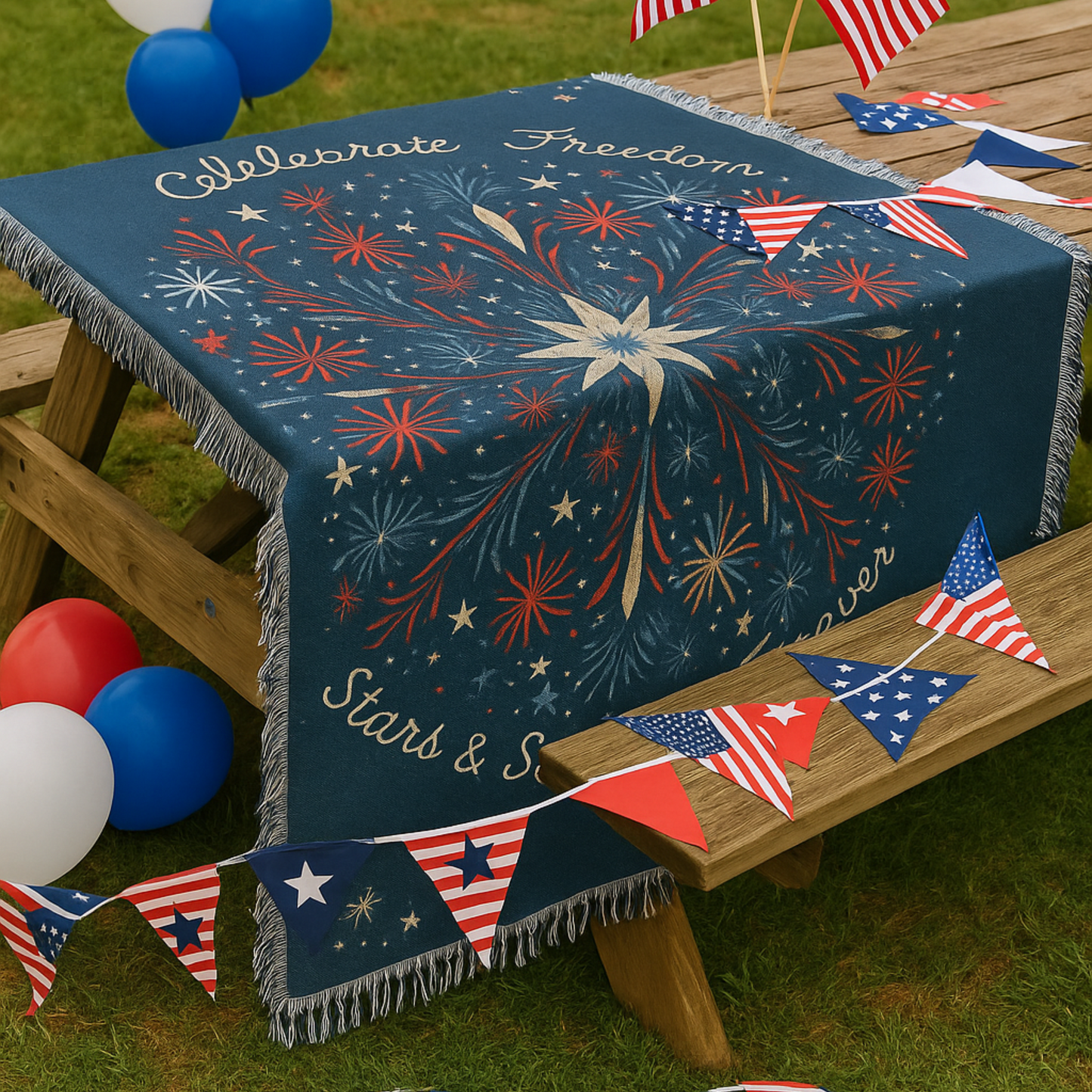 Boho patriotic blanket for 4th of July celebrations, stars and stripes decor for Independence Day picnic or party setup, red white and blue summer celebration cloth