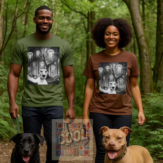 Cosmic Dog Selfie T-Shirt – Surreal Jellyfish Forest Tee | Funny Space Dog Shirt for Animal & Fantasy Art Lovers