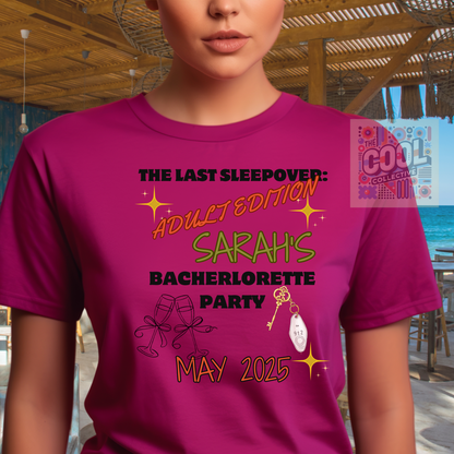 Personalized bachelorette party T-shirt with custom name and date, perfect for bride squad, adult sleepovers, girls’ trip, or hen do celebrations
