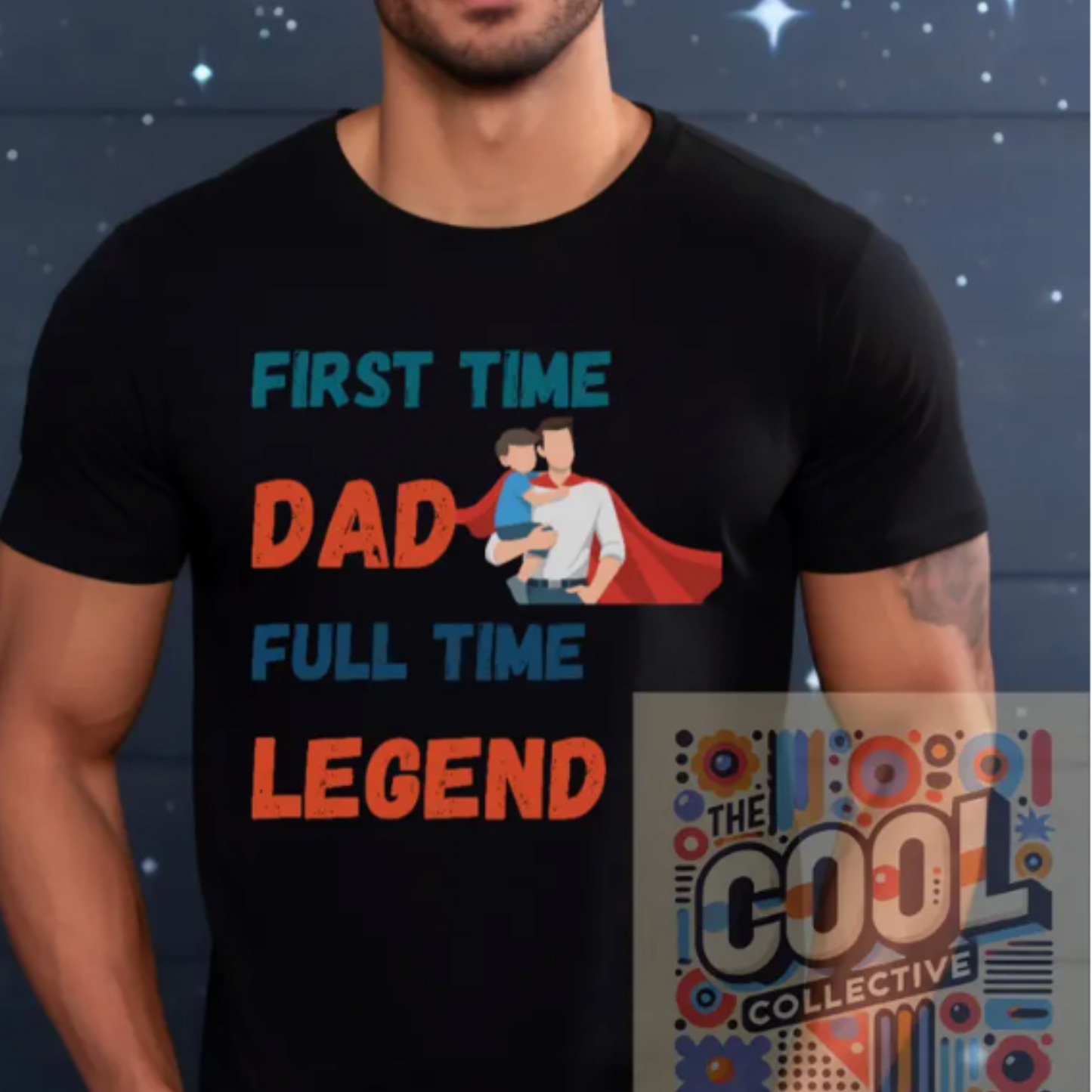 A unisex retro-style t-shirt with the slogan “First-Time Dad, Full-Time Legend.” Perfect for new fathers, baby shower gifts, and confident first-time dads.