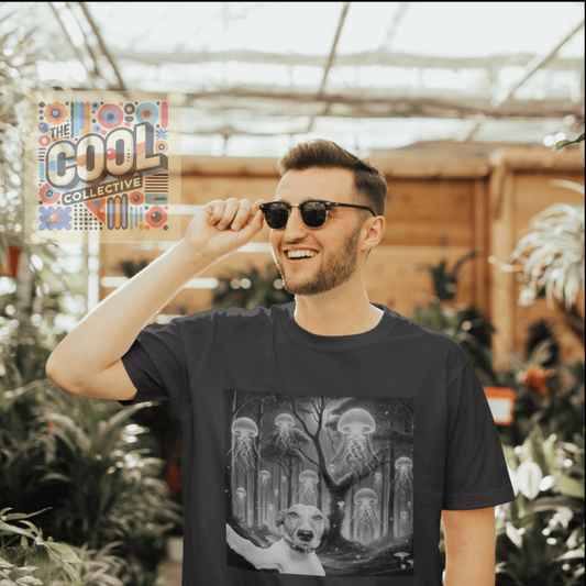 Dog taking a selfie in a glowing cosmic jellyfish forest – surreal animal art T-shirt.