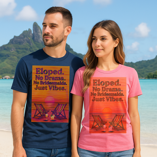 His and Hers personalized elopement T-shirts with sunset and desert design, featuring custom names and wedding date