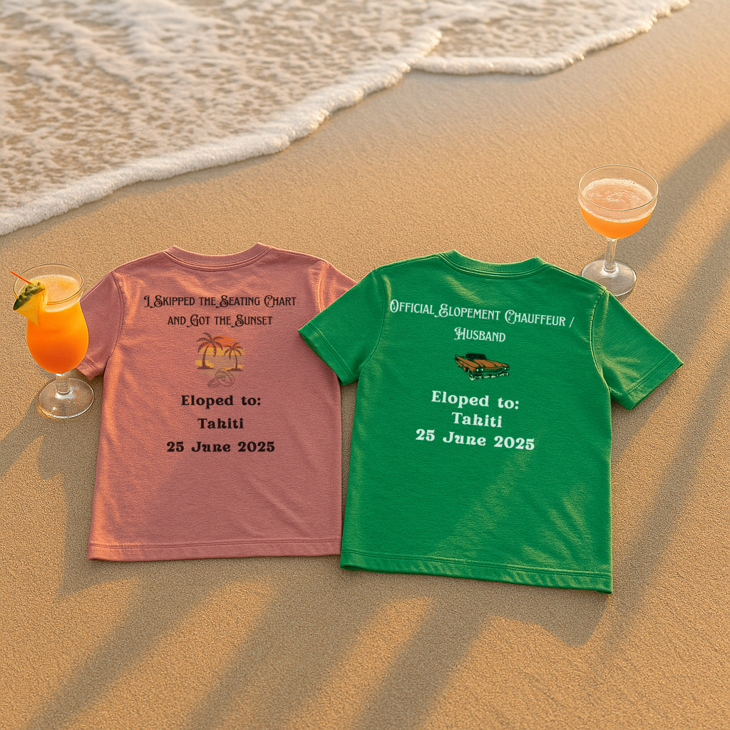 His and Hers custom name elopement tees in Heather Mauve and Kelly Green with a coastal backdrop and beach wedding theme