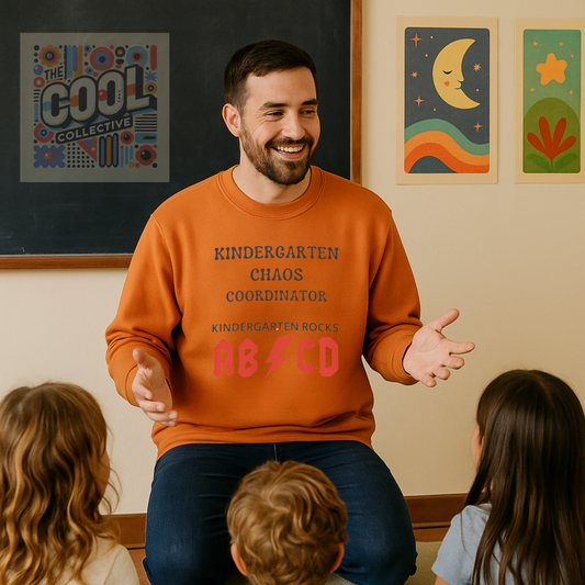 Unisex kindergarten teacher sweatshirt with rock band inspired ABCD print