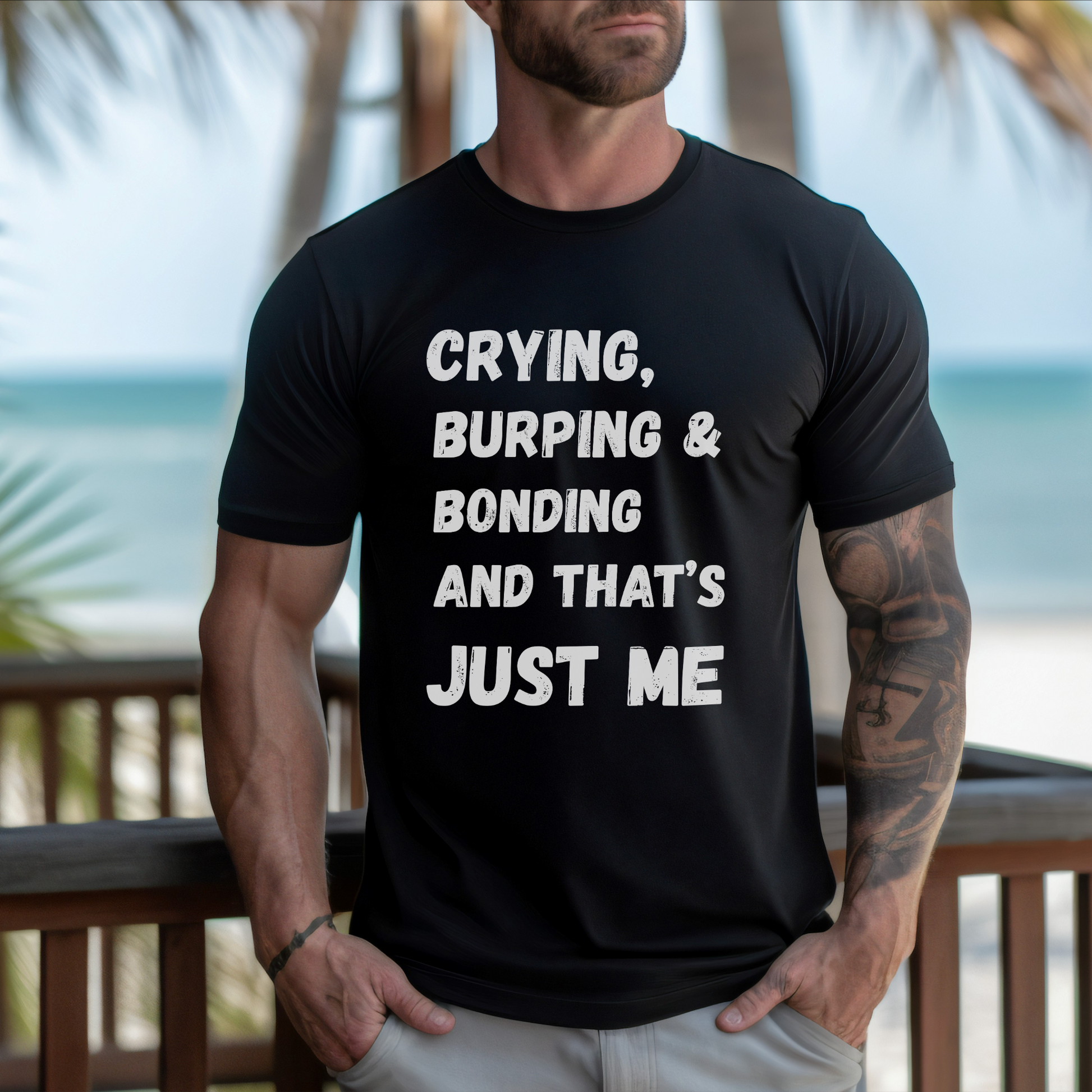 A unisex retro-style t-shirt with the phrase “Crying, Burping & Bonding – And That’s Just Me.” Ideal for new parents, caregivers, and baby shower gift buyers.