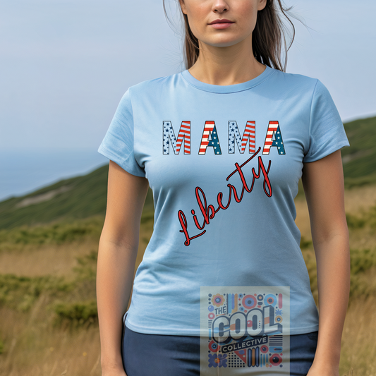 Mama Liberty patriotic shirt, 4th of July women’s tee, USA flag family matching outfit for moms, red white and blue Independence Day apparel