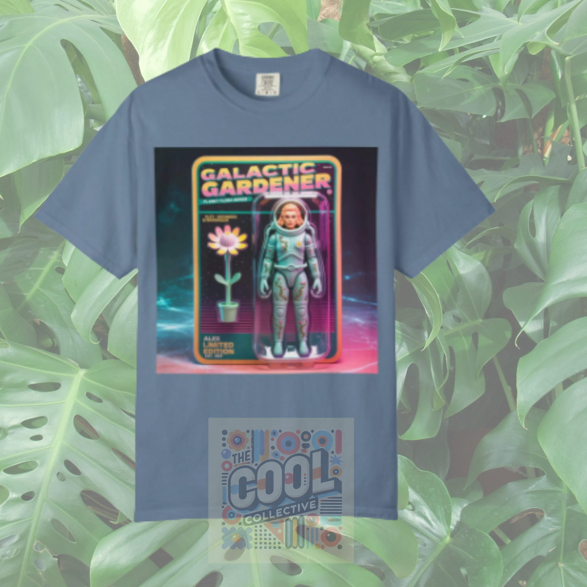 Custom sci-fi action figure tee with retro 1980s toy box artwork, Comfort Colors shirt featuring personalized name, title, and est. date, perfect for vintage and fantasy lovers