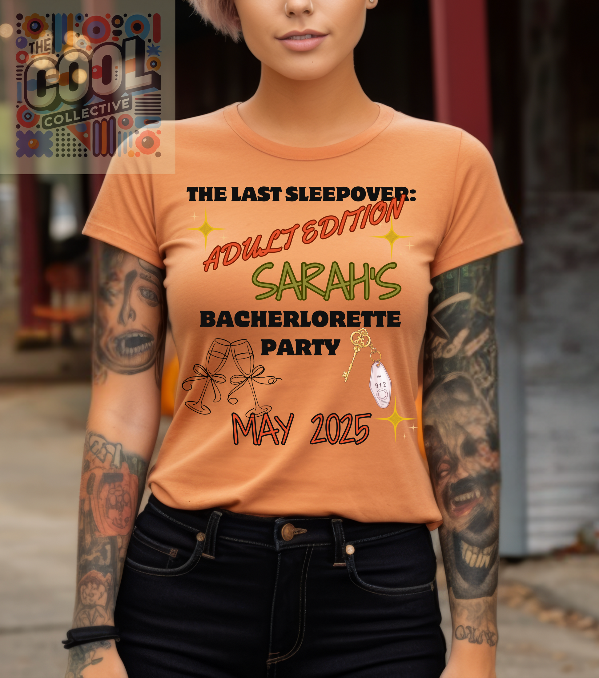 Retro pastel bachelorette T-shirt design featuring wine glass, fuzzy slippers, and customizable bride’s name and date – perfect for a sleepover party theme