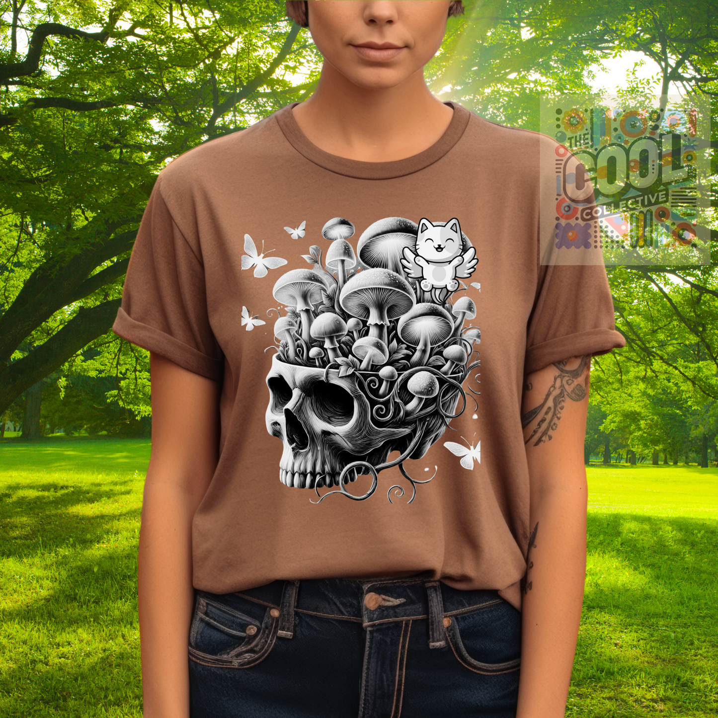 Trippy skull and mushroom T-shirt with surreal botanical design – perfect for forestcore, witchy fashion, and dark nature style"