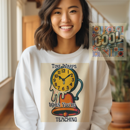 Comfort Colors Sweatshirt with retro design of a melting clock draped over a school bell and the slogan "Time Warps When You're Teaching" – perfect for quirky teachers and educators.


