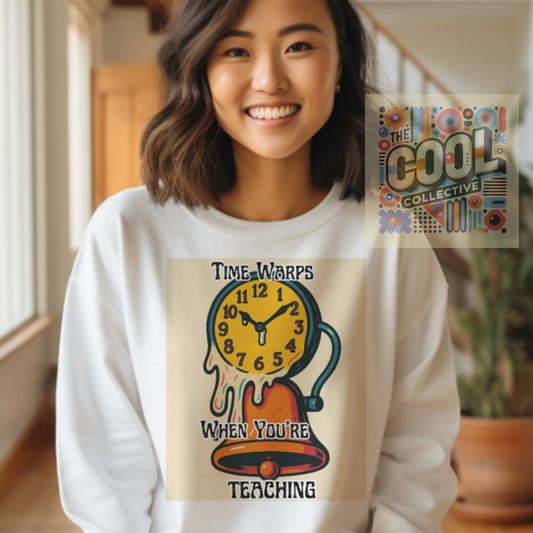 Comfort Colors Sweatshirt with retro design of a melting clock draped over a school bell and the slogan "Time Warps When You're Teaching" – perfect for quirky teachers and educators.

