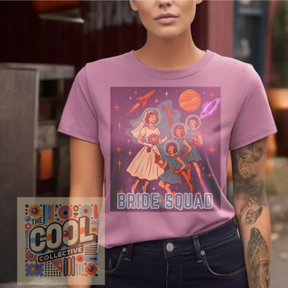A retro-style unisex t-shirt featuring a 1960s space-inspired “Bride Squad” design. Perfect for sci-fi bachelorette parties and vintage bridal themes.