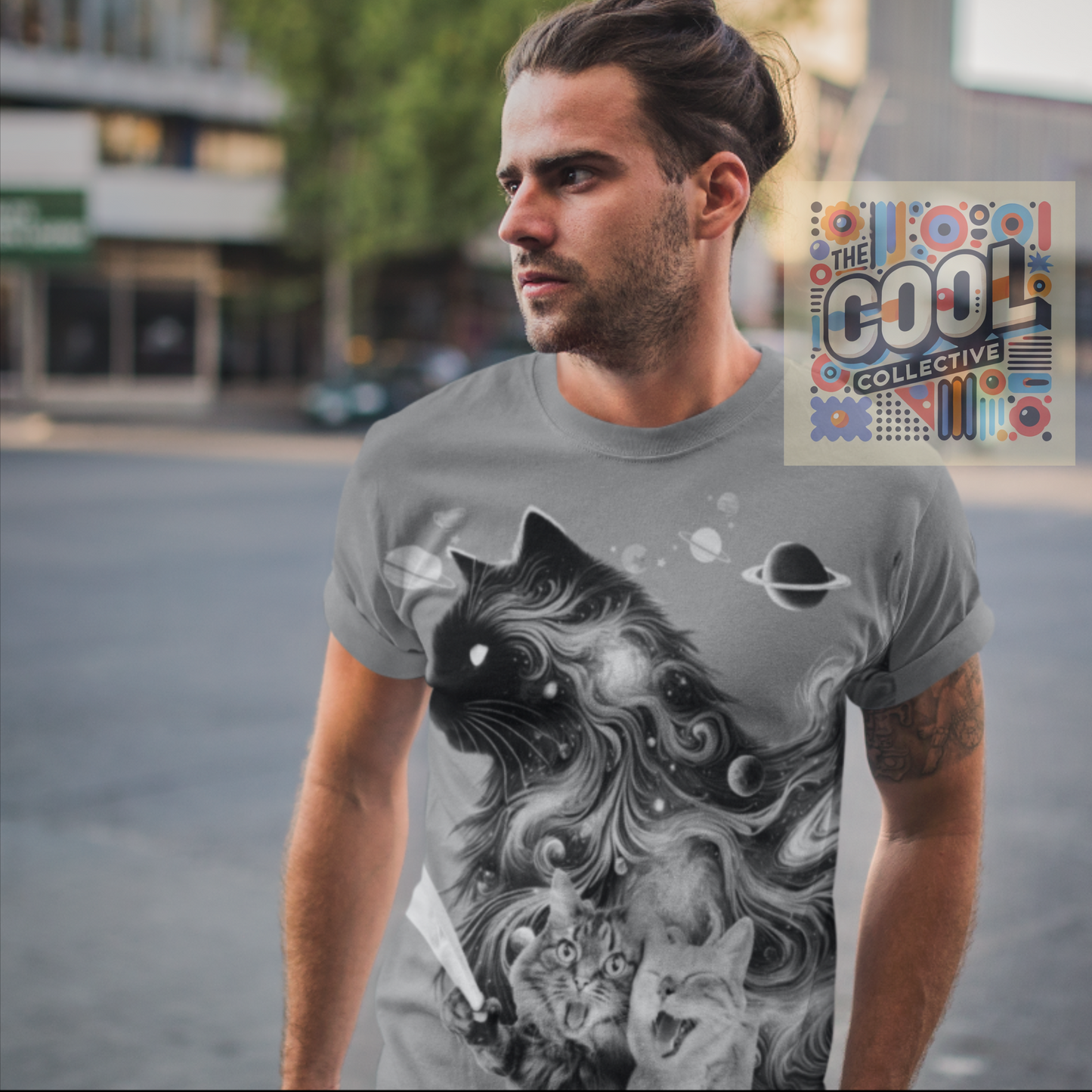 Cats taking a selfie in a surreal interdimensional space – funny cosmic kittycore T-shirt design