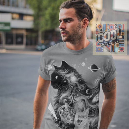 Cats taking a selfie in a surreal interdimensional space – funny cosmic kittycore T-shirt design