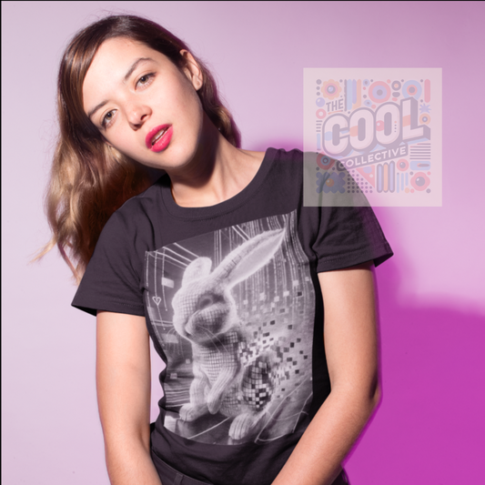 Black and white surreal bunny with glitch effect – trippy Matrix-inspired unisex T-shirt