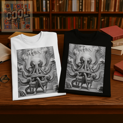 Whimsical octopus with human legs reading in underwater bookroom. Bella Canvas 3001 Tee