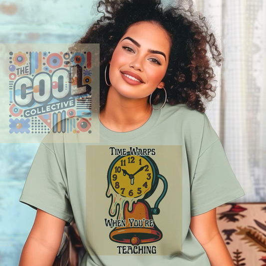Comfort Colors T-shirt with retro design of a melting clock draped over a school bell and the slogan "Time Warps When You're Teaching" – perfect for quirky teachers and educators.