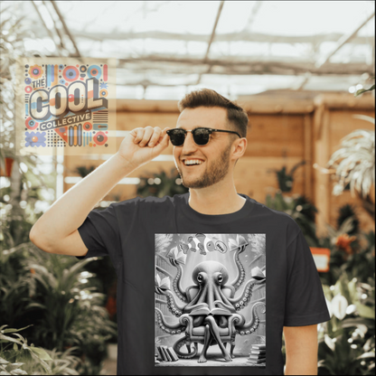 Black and white fantasy art of octopus librarian with many books. Librarian Gift