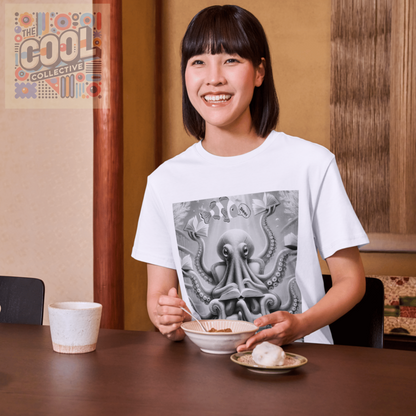 Fantasy tentacled sea creature sitting on chair surrounded by books