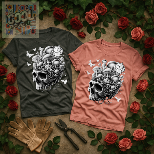 Skull and mushrooms T-shirt with witchcore and graveyard garden aesthetic – alt girl and nature goth approved design